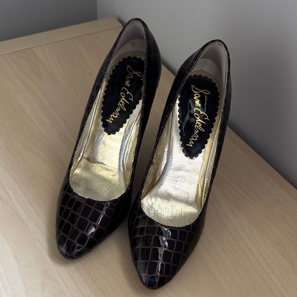 Sam Edelman Dark Brown Croc Embossed Pointed Toe Pumps